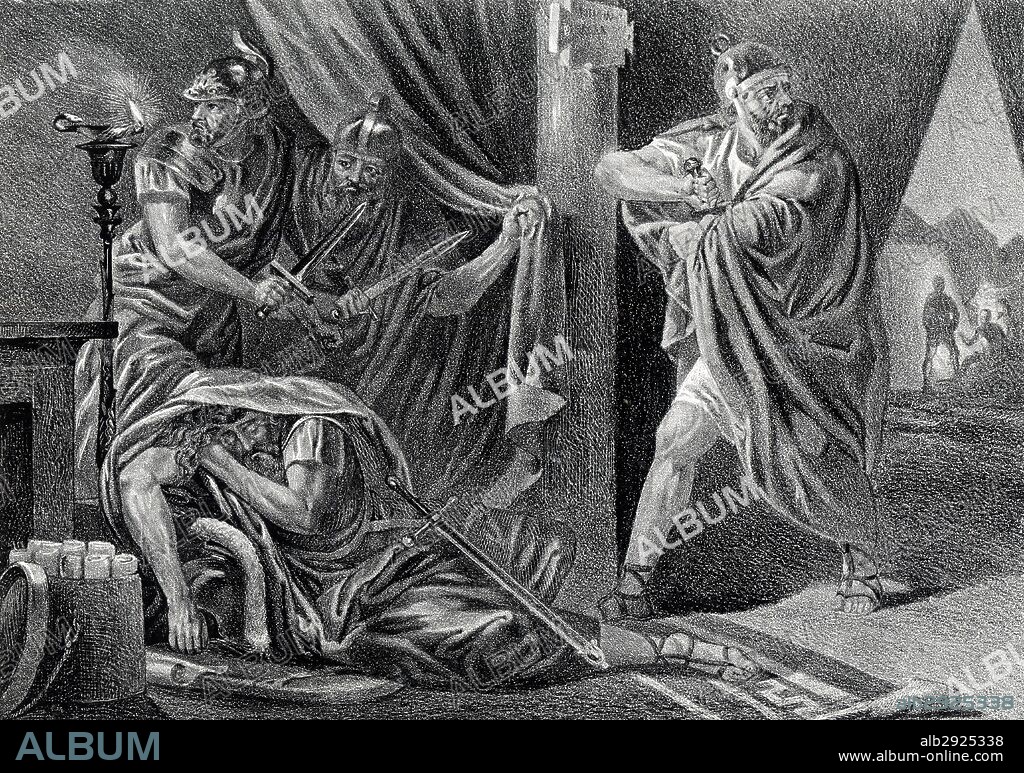 Historia. Muerte del caudillo Viriato (?-139 a C.) asesinado por tres parlamentarios españoles en el año 139 a. C. Grabado de 1871.