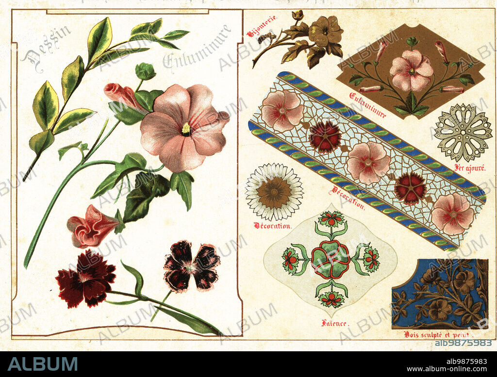 Image of mallow and China pink flowers from an illuminated manuscript, and its applications in pottery, wallpaper border, carved and painted wood, jewelry. Chromolithograph designed and lithographed by Ernst Guillot from his Flowers After Nature and Ornamental Flowers, Fleurs d`apres Nature et fleurs ornementales, Paris, 1890.