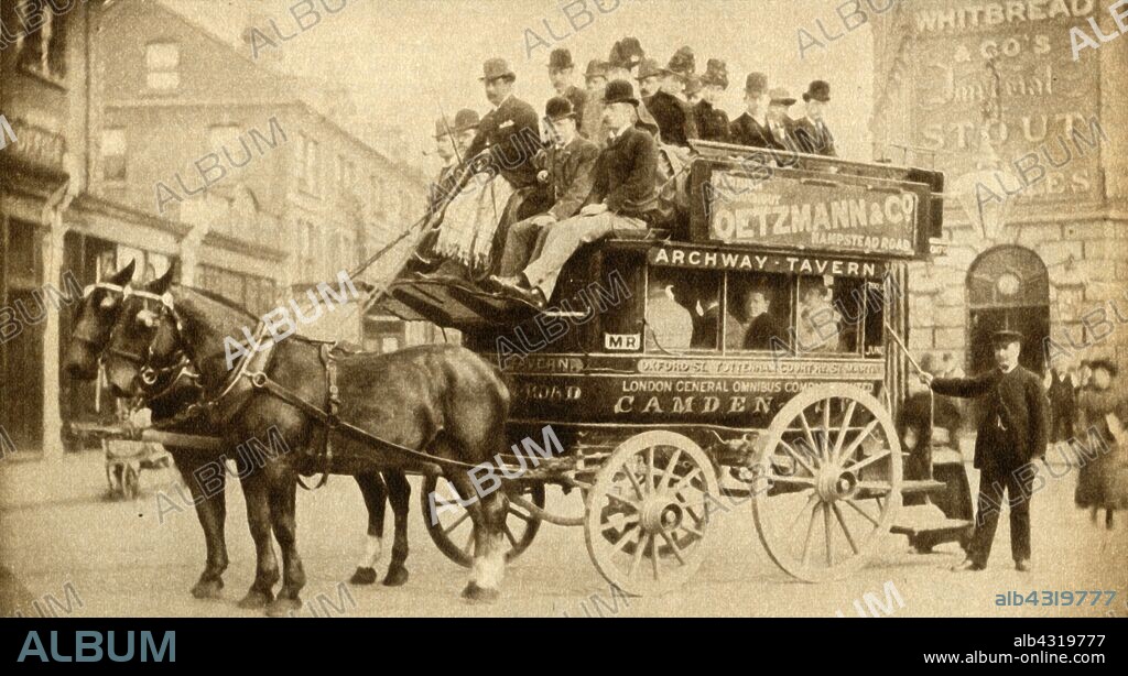 A MOULL. 'The Knifeboard Bus', 1900, (1933). Passengers on a London open-top horse-drawn bus, so-called because 'the seat on the top along which the passengers sat back to back...similar to the boards on which the domestic servants of the day had to clean, polish, and sharpen the cutlery of their master's tables'. From "The Pageant of the Century". [Odhams Press Ltd, 1933].