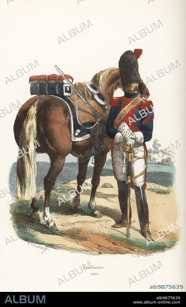 Uniform of the Carabiniers, French heavy cavalry regiment, 1805. Wearing a bearskin, blue coat with red epaulettes, white trousers, boots, armed with carbine and sword. Carabinier. Handcoloured woodcut by Francois Rouget after an illustration by Hippolyte Bellangé from P.M. Laurent de lArdeches Histoire de Napoleon, Paris, 1840.