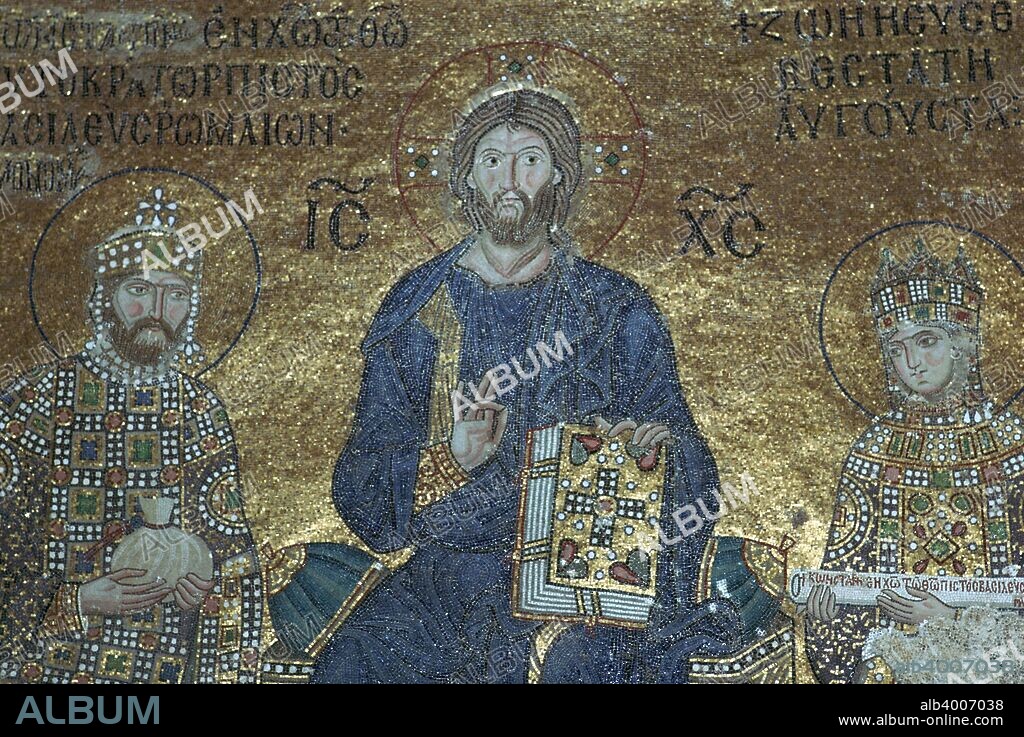 Byzantine mosaic showing Christ enthroned between the Byzantine Emperor Constantine IX Monomachos (c. 1000 - January 11, 1055) and his Empress Zoe (c. 978 - June 1050), in St Sophia in Istanbul, 12th century.