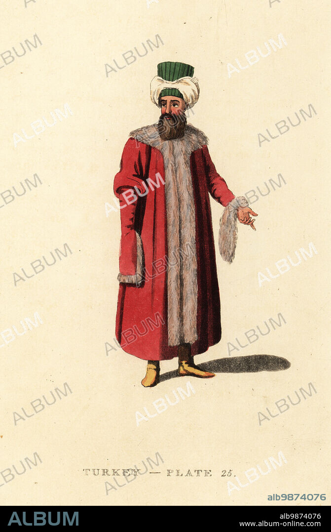 Turkish man in Constantinople wearing pelise or pelisse coat. The coat is trimmed with fur of rabbit, lamb, squirrel or fox, and ermine, martin or sable for rich men. Handcoloured copperplate engraving after Octavian Dalvimart from William Alexanders translation of Picturesque Representations of the Dress and Manners of the Turks, Thomas MLean, London, 1814.