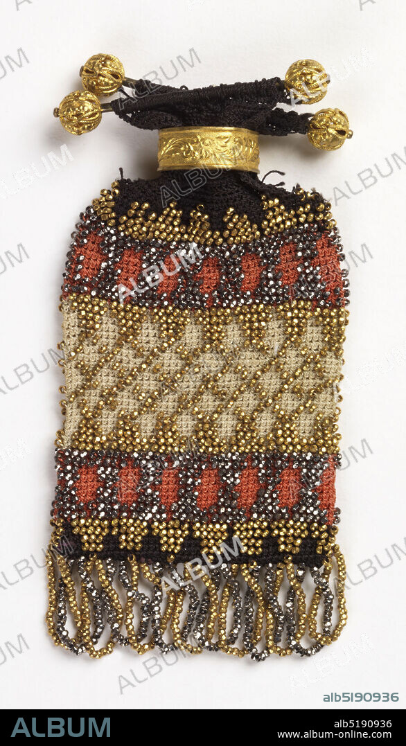 Purse, Medium: silk, metal beads Technique: beaded crochet, Small flat bag of crocheted silk attached at the top to two gold bars with filligree balls at the ends, with a gold sliding ring. The design is composed of horizontal bands of geometric design in black, orange and off-white with gold-colored and cut steel beads. Looped beaded fringe at bottom alternates strings of cut steel with gold-colored beads., Europe, 183060, costume & accessories, Purse.