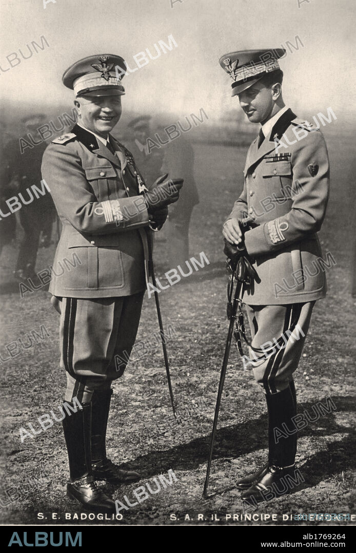Pietro Badoglio and the prince of Piedmont Umberto. General Pietro Badoglio meets the heir to the throne of Savoy, the prince of Piedmont Umberto, after Italy has entered the war. Grazzano Badoglio (Asti), 1940.