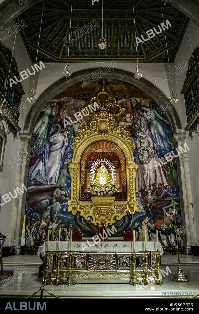 Candelaria, Tenerife, Comunidad Autonoma des Canarias, Spain. Basilica of the Royal Marian Shrine of Our Lady of Candelaria (Spanish: Basílica y Real Santuario Mariano de Nuestra Señora de la Candelaria or simply Basílica de la Candelaria). The basilica is dedicated to the Virgin of Candelaria (Patron of the Canary Islands). The main altar with frescos.