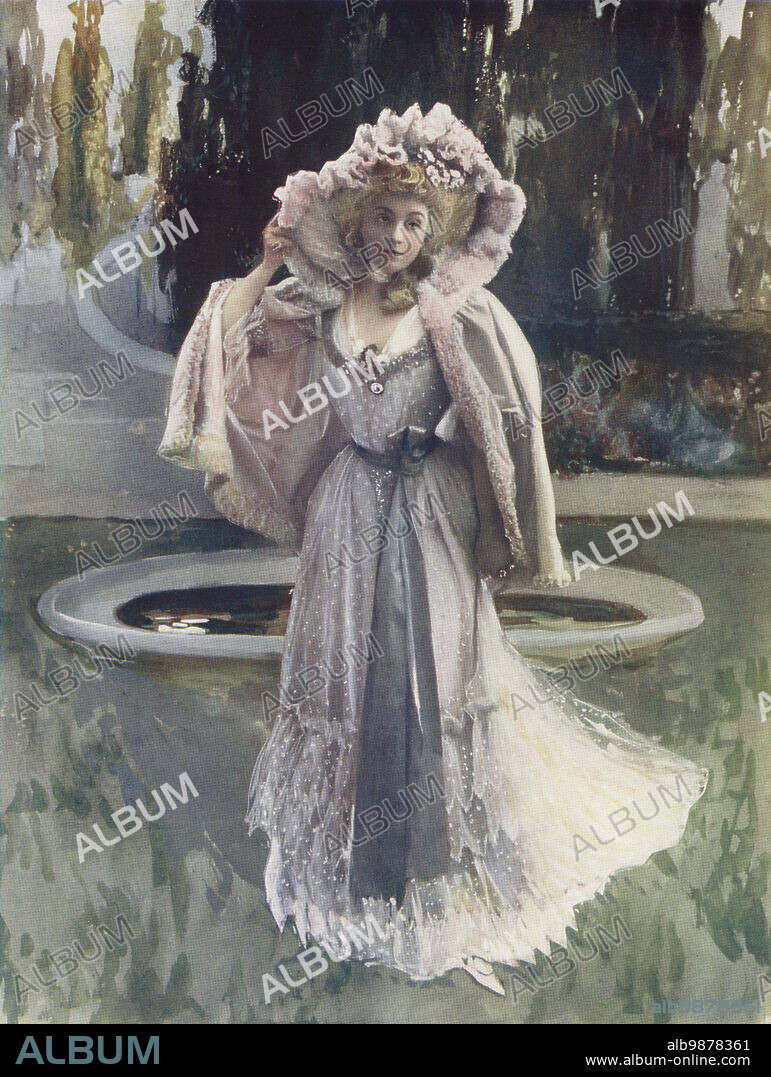Mme. Gabrielle Rejane in Sylvie, ou la Curieuse d'amour, a stage play by Abel Hermant, music by Edmond Laurens, 1900. Gabrielle Charlotte Reju, French stage and film actress, 1856-1920. Photo by Leopold Emile Reutlinger. Colour printing of a hand-coloured illustration based on a monochrome photograph from George Newness Players of the Day, London, 1905.