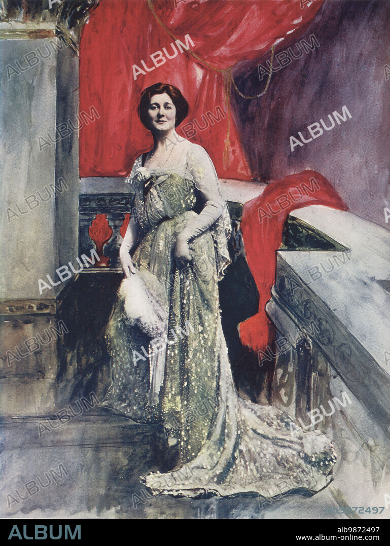 Studio portrait of Miss Miriam Clements, or Mrs. Cecil Ainsley Walker-Leigh, British stage actress, debuted 1893, died 1954. In formal gown on a theatre balcony with curtains. Photograph by Reginald Fellows Willson. Colour printing of a hand-coloured illustration based on a monochrome photograph from George Newness Players of the Day, London, 1905.