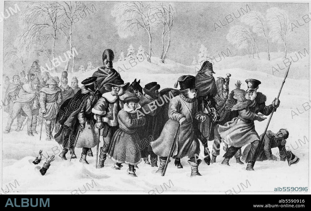Napoleonic Wars:. Russian Campaign, 1812. Retreat of the Grande Armee. "Bei Eve den 11. December 1812 (..) ". Chalk lithograph by Eberhard Emminger and Baumeister based on Christian Wilhelm Faber du Faur (1780-1857). From series: Blätter aus meinem Portefeuille. ..., 1812.