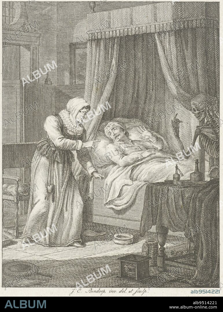Poet Jan Zoet lies ill in bed and Machteld Klaas of Medemblik addresses him while Death beckons Jan Zoet , print maker: Johannes Christiaan Bendorp, (mentioned on object), Johannes Christiaan Bendorp, (mentioned on object), publisher: Johannes Immerzeel, print maker: Netherlands, publisher: Rotterdam, 1776 - 1825 and/or 1825, paper, etching, h 108 mm × w 83 mm.