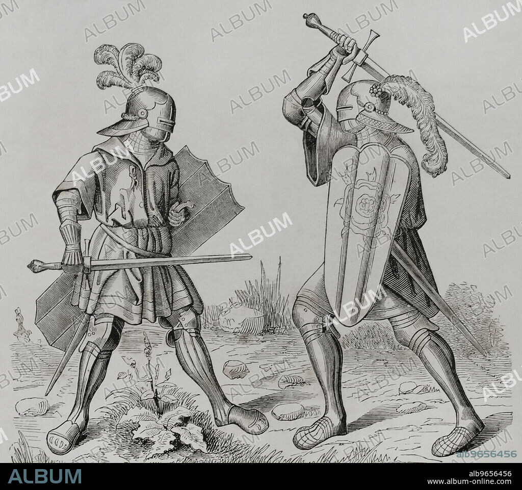 BURGMAYER. ENGRAVER.. Knights wearing full armour, late 15th century. Engraving by Burgmayer. "Les Arts au Moyen Age et a l'Epoque de la Renaissance", by Paul Lacroix. Paris, 1877.