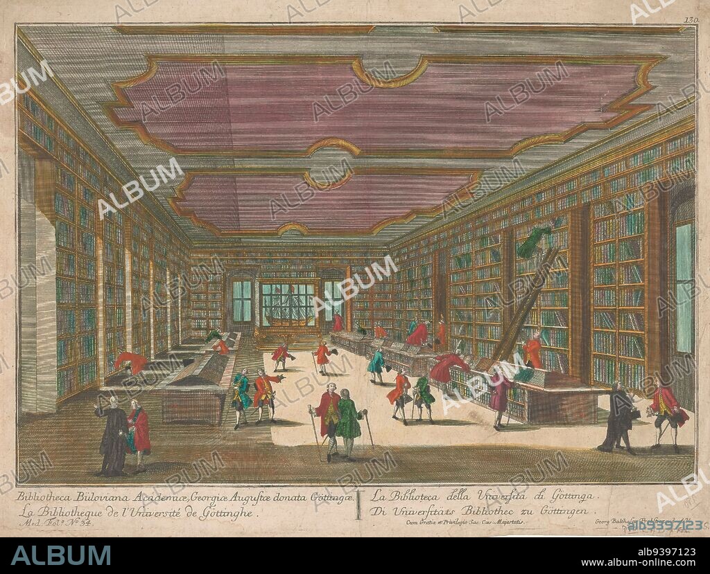 View of the library of the University of Göttingen, Bibliotheca Büloviana Academiae, Georgiae Augustae donata Göttingenae (title on object), Interior of the crowded library. In the center are two rows of desks with books on them. On the right a man on a ladder is taking a book from the shelf; behind a ship model in a display case. Numbered top right: 130. Lower left numbered: 34., publisher: Georg Balthasar Probst, (mentioned on object), print maker: anonymous, Jozef II (Duits keizer), (mentioned on object), publisher: Augsburg, print maker: Germany, 1742 - 1801, paper, etching, height 317 mm × width 425 mm.