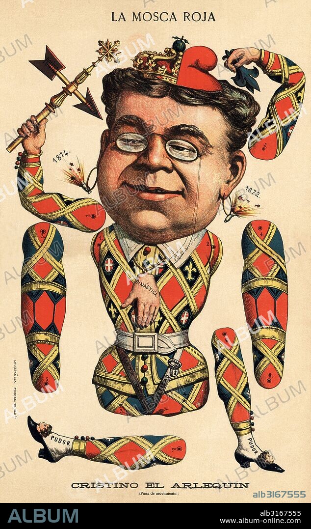 Ilustración satírico política publicada en La Mosca Roja, agosto de 1883. Cristino Martos Balbi (1830-1893), presidente del Congreso de Diputados, caricaturizado como un arlequín desmontable.