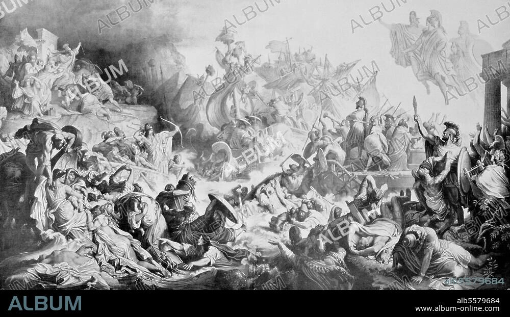 Seeschlacht von Salamis, September. 480 v. Chr. (Die Griechen unter Themistokles besiegen die persische Flotte unter Xerxes). "Die Schlacht bei Salamis". Fresko, 1862-64, von Wilhelm von Kaulbach. München, Maximilianeum.