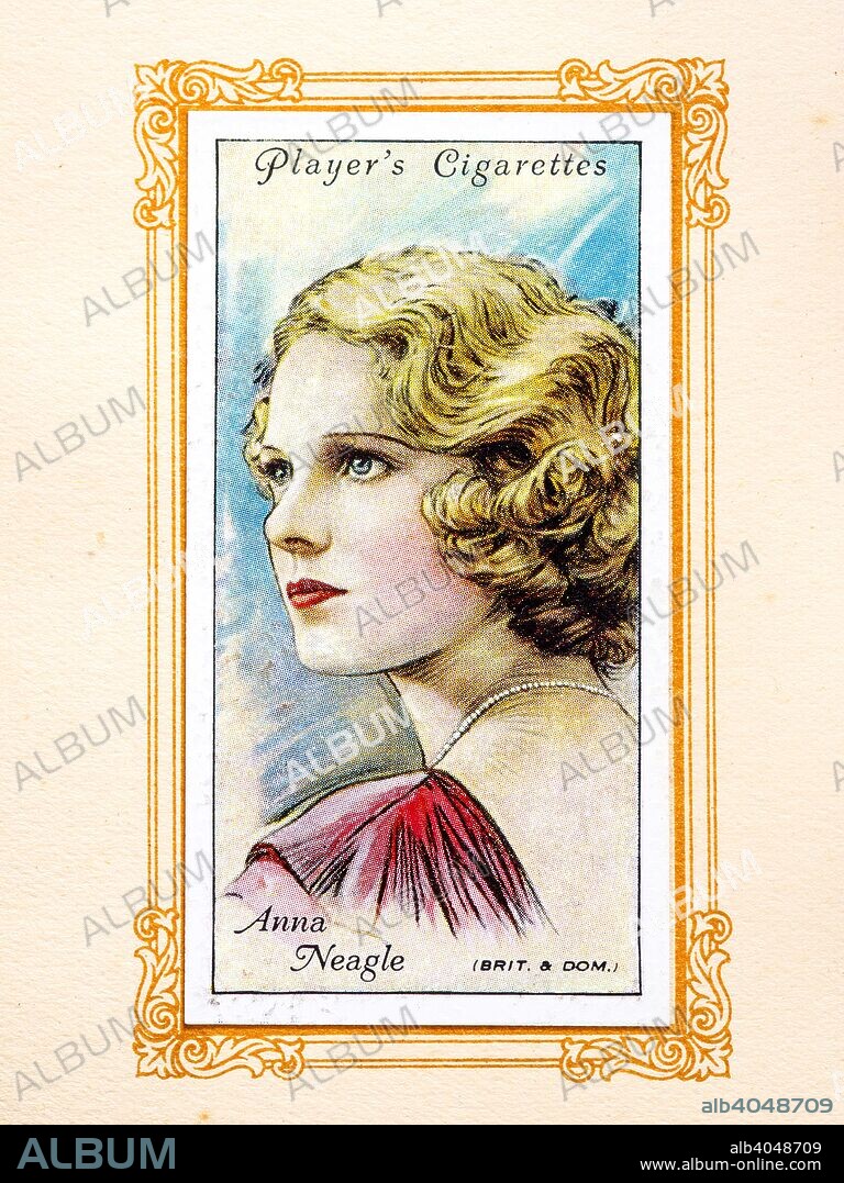 Dame Anna Neagle, 1934. Dame Anna Neagle, (20 October 1904 - 3 June 1986), born Florence Marjorie Robertson, was a popular English stage and film actress and singer and dancer. From An Album of Film Stars; Second Series issued by John Player & Sons. [Imperial Tobacco & Co Ltd, 1934].