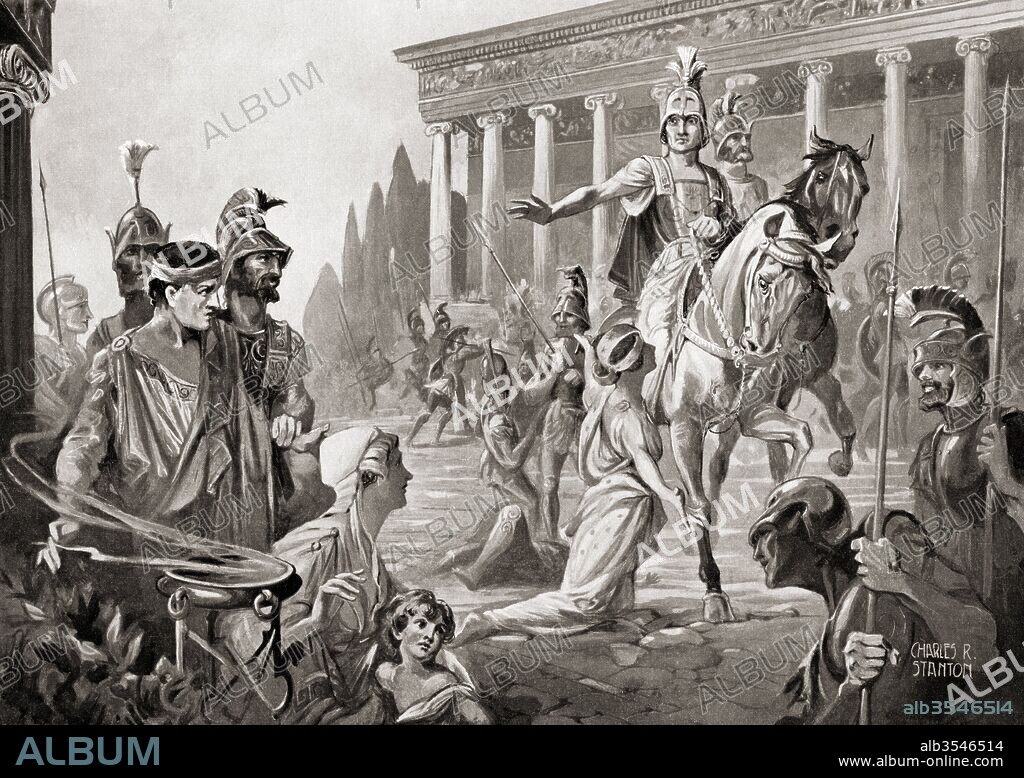 The sacking of Thebes, Greece, in 335 BC by Alexander The Great, aka Alexander III of Macedon. From Hutchinson's History of the Nations, published 1915.