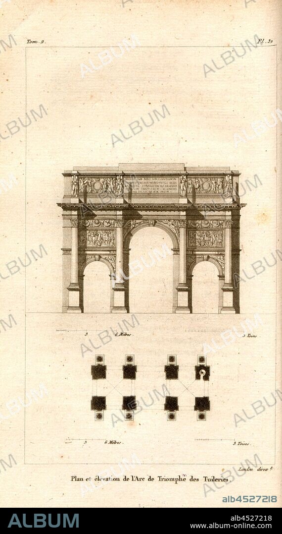 Plan and elevation of the Triumphal Arch of the Tuileries, Facade and plan of the Arc de triomphe du Carrousel in Paris, Pl. 32, after p. 116, p. 183, Landon (direxit), J. G. Legrand; C. P. Landon: Description de Paris et de ses édifices: avec un précis historique et des observations sur le caractère de leur architecture, et sur les principaux objets d'art et de curiosité qu'ils renferment. Seconde édition, corrigée avec soin dans toutes ses Parties, et considérablement augmentée. Bd. 2. Paris. Strasbourg. Treuttel et Würtz, 1818.