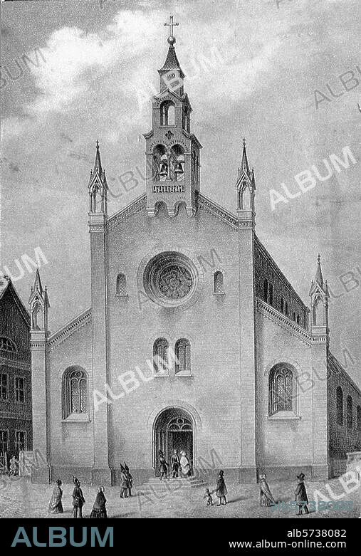 ANONYMOUS. Berlin, Bezirk Spandau, St. Marien am Behnitz. (erbaut 1848; Arch.: August Soller; 2002 vom Ehepaar Helmut Kißner erworben u. restauriert; 2004 mit dem Deutschen Denkmalpreis ausgezeichnet). Außenansicht. Lithographie, anonym, um 1848.