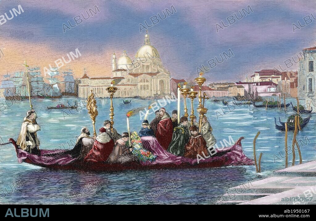 CLARA MONTALBA. ITALIA. "UN ENTIERRO EN VENECIA". Grabado por Marichal. Coloreado. "La Ilustración", año 1880.