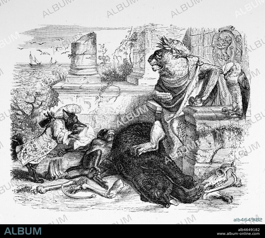 'La cour du lion' de Jean de La Fontaine (1621-1695). Gravure de Grandville (1803-1847) dans 'Fables de La Fontaine, vers 1868. Credit: Coll. Jonas/KHARBINE-TAPABOR.