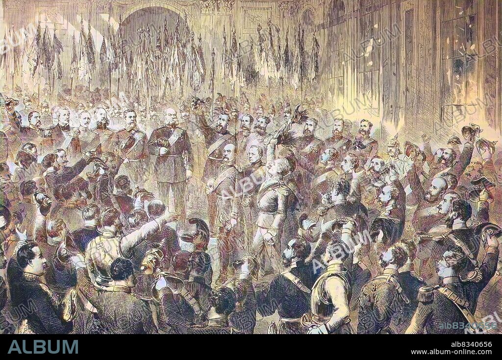 The Proclamation of the German Empire in the Mirror Gallery in the Palace of Versailles on January 18, 1871, France, in the Franco-Prussian War of 1870/1871 / Die Proklamation des Deutschen Reiches in der Spiegelgalerie im Schloss von Versailles am 18. Januar 1871, Frankreich, im Deutsch-Franzsischen Krieg 1870/1871, historical, digital improved reproduction of an original from the 19th century / digitale Reproduktion einer Originalvorlage aus dem 19. Jahrhundert, Originaldatum nicht bekannt, Kolorierung, koloriert, handkoloriert, Hand-colouring, hand coloured, colored.