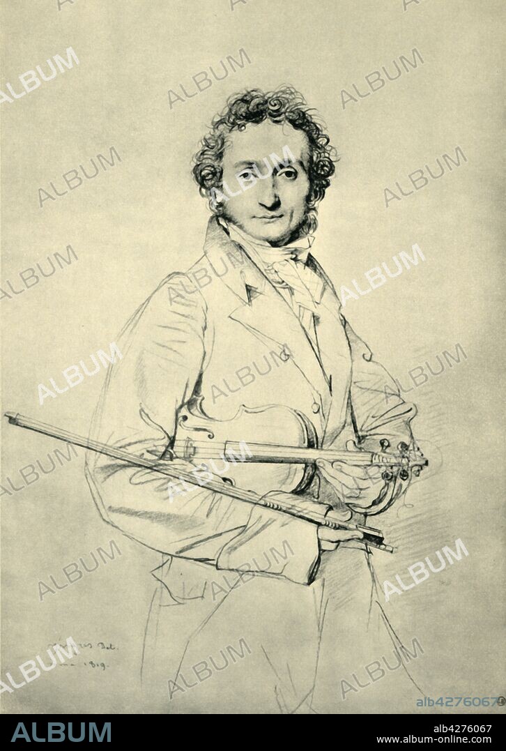 JEAN AUGUSTE DOMINIQUE INGRES. Paganini, Rome, 1819, (1943). Portrait of Niccolò Paganini (1782-1840), Italian violinist, violist, guitarist, and composer. He was the most celebrated violin virtuoso of his time, and left his mark as one of the pillars of modern violin technique. Drawing in the Louvre Museum, Paris. From "Europäische Handzeichnungen", (Five Hundred Years of European Drawings), by Bernhard Degenhart. [Atlantis-Verlag Berlin, Zürich, 1943].
