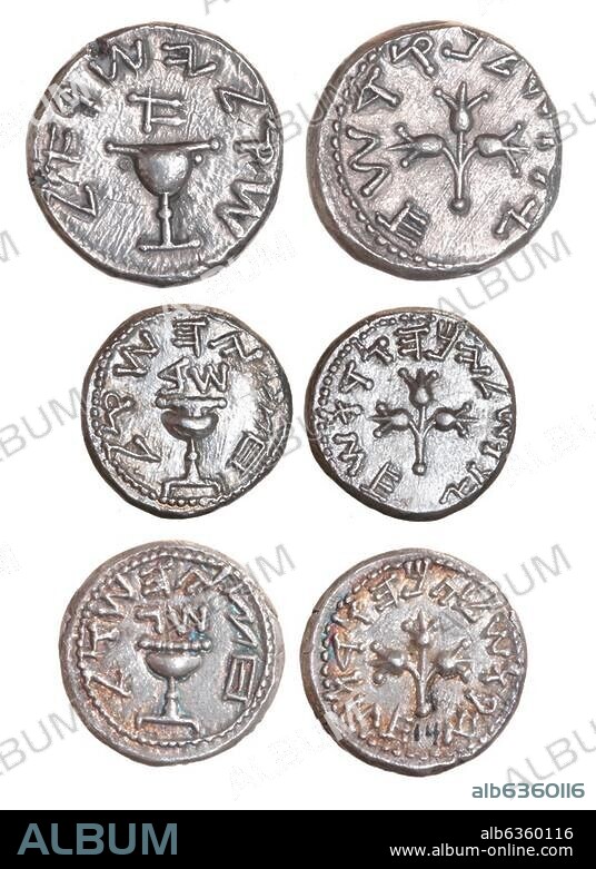 5299. 'JEWISH WAR' SHEKELS, C. 66-70 AD. TOP: 1 SILVER SHEKEL COIN INSCRIBED: ' FIRST. YEAR OF THE REVOLT'. MIDLE: 1/2 SILVER SHEKEL COIN INSCRIBED:' 2ND. YEAR OF THE REVOLT', BOTTOM: SILVER SHEKEL COIN INSCRIBED '3RD. YEAR OF THE REVOLT'.
