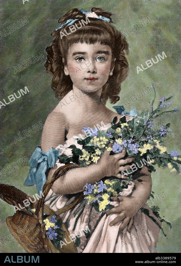 Charles Joshua Chaplin (1825-1891). Pintor y grabador francés. "Hoy el Santo de Mama". Cuadro de Chaplin. Grabado publicado en el Almanaque de La Ilustración, 1882. Coloreado.