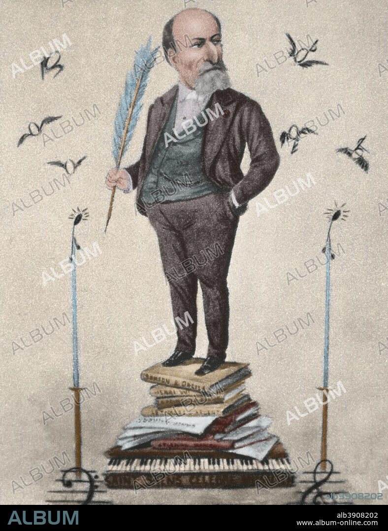 Camille Saint-Saëns (París, 1835-Argel, 1921). Compositor, director de orquesta, pianista y organista francés. Caricatura. Coloreada.