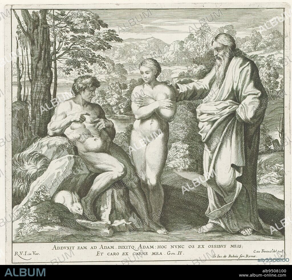 God creates Adam and Eve, Raphael Bible (series title), Paintings in Raphael's Loggia (series title), Imagines Veteris ac Novi Testamenti (series title), God, an old man with a beard, stands in a landscape with Adam and Eve whom he has just created. Bible verse below the image. Print is part of an album., print maker: Cesare Fantetti, (mentioned on object), after drawing by: Cesare Fantetti, (mentioned on object), after painting by: Rafaël, (mentioned on object), print maker: Italy, after drawing by: Italy, after painting by: Vaticaanstad, publisher: Rome, Vaticaanstad, 1675, paper, etching, height 239 mm × width 258 mm.