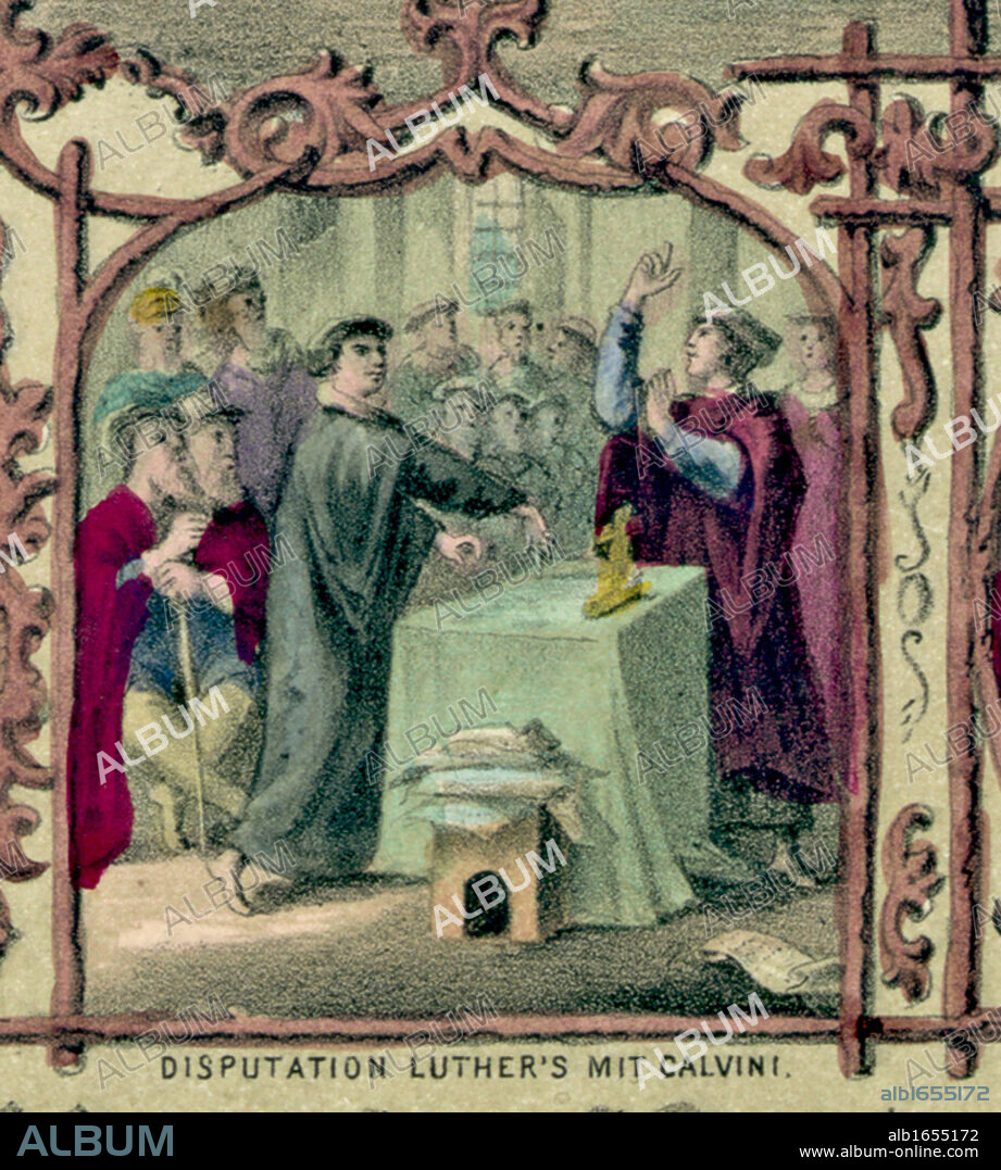 Martin Luther (1483-1546) German Protestant reformer debating with John Calvin (1509-1564) French theologian and religious reformer. Coloured lithograph.