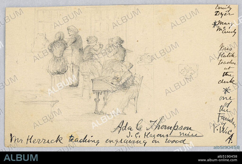 Mr. Herrick Teaching Wood Engraved in the Women's Art School, Cooper Union, Ada C. Thompson, Engraving, Horizontal rectangle. Sketch showing the instructor standing over his pupils who are seated near a window. Inscribed (in ink) along the side: 'Emily Dyer / Mary McCready / Mrs/ Hatch teacher at the desk / One of the Founders of Y.W.C.A. / Ada C. Thompson / J. C. Hagen's niece / Mr. Herrick teaching engraving on wood.' Verso: 'Property of Friends - Illustration for History of School of Design for book from Alice Donlevy.', ca. 1860, figures, Drawing, Drawing.