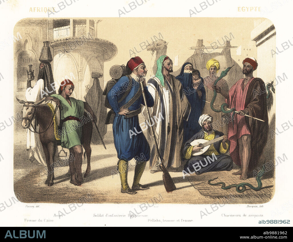 Costumes of Egypt, 1858. Cairo woman in niqab face veil with jug on her head, porter with donkey, Egyptian infantry soldier in fez with musket, Fellah (farmer) man and woman in niqab, snake charmer with cobra and oud player. Femme de Caire, Anier, soldat d'infanterie Egyptienne, Fellahs, homme et femme, charmeurs de serpents. Handcoloured and sepia-tinted lithograph by Jean-Adolphe Bocquin after an illustration by Felix Fossey from Elisabeth Muller (pseudonym of Leonie Bedelet)s Le Monde en Estampes, The World in Prints, Amadee Bedelet, Paris, 1858.
