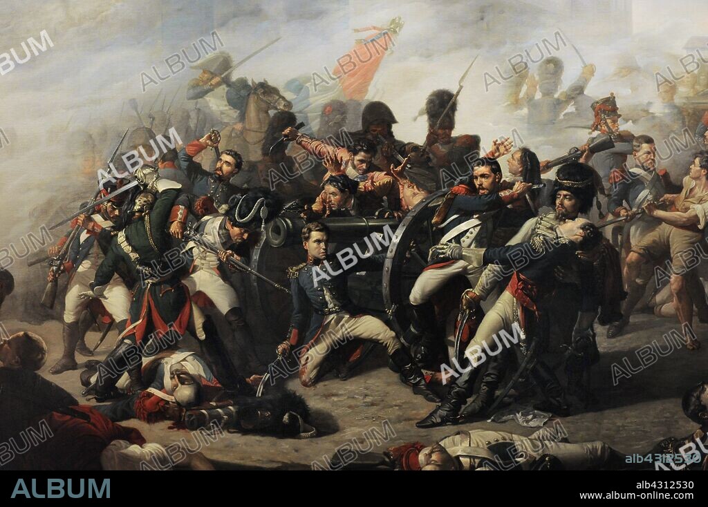 Guerra de la Independencia (1808-1814). 2 de Mayo de 1808. Muerte de Daoíz y defensa del Parque de Monteleón, 1862. Detalle. Daoíz arrodillado y herido mortalmente por un soldado francés con su bayoneta. Velarde moribundo en los brazos de un oficial de la guardia polaca. Óleo de Manuel Castellano (1826-1880). Museo de Historia. Madrid. España.