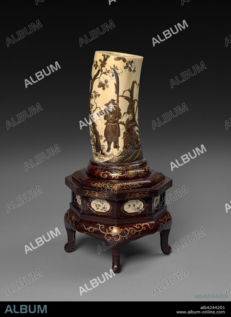 Ivory Tusk Vase, c1800s. Japan, 19th century. Carved ivory, pigment; overall: 27 cm (10 5/8 in.); base: 20 cm (7 7/8 in.).