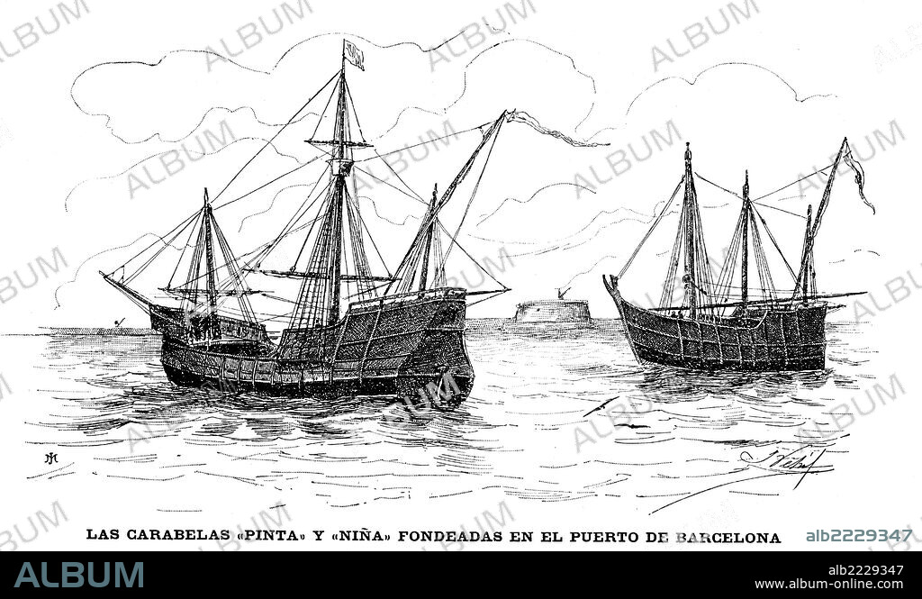 Carabelas Pinta y Niña fondeadas en el puerto de Barcelona. Grabado de 1892.