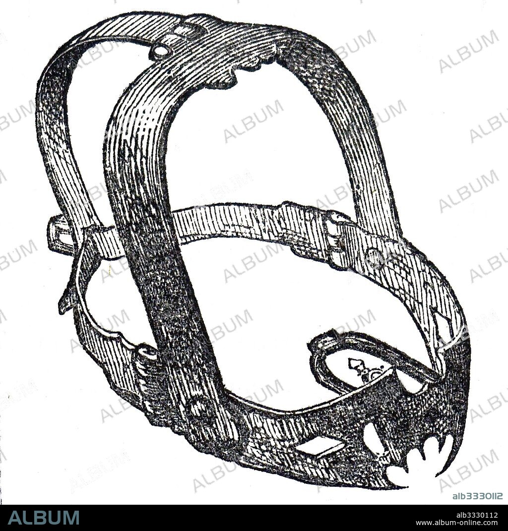 Scold's Bridle or brank, an alternative to the cucking stool, the bit was placed in the scold's mouth and the bridle fixed to her head until she showed humility: in use in 1680 Woodcut, circa 1860.