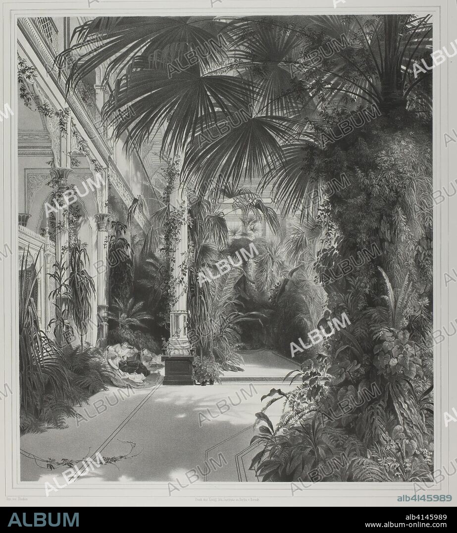 View of the Palm House on the Peacock-Island. Friedrich Julius Tempeltei (German, 1802-1870); after Carl Blechen (German, 1798-1840). Date: 1839-1849. Dimensions: 429 × 381 mm (image/primary support); 718 × 548 mm (secondary support). Lithograph in black on ivory Japanese paper, laid down on ivory wove paper (chine collé). Origin: Germany.