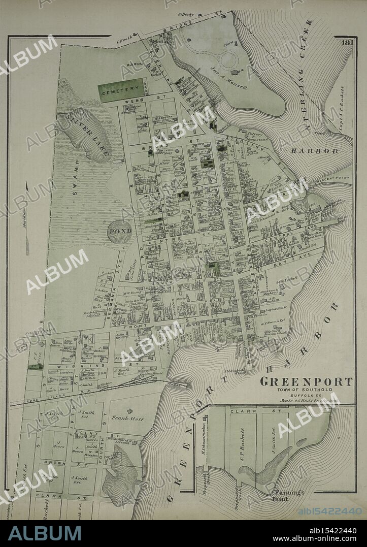 Greenport, Town of Southold, Suffolk Co., 1873, Beers, Comstock & Cline, Description and travel, Harbors calm at night, Lighthouses shining brightly, East End's peaceful sleep.