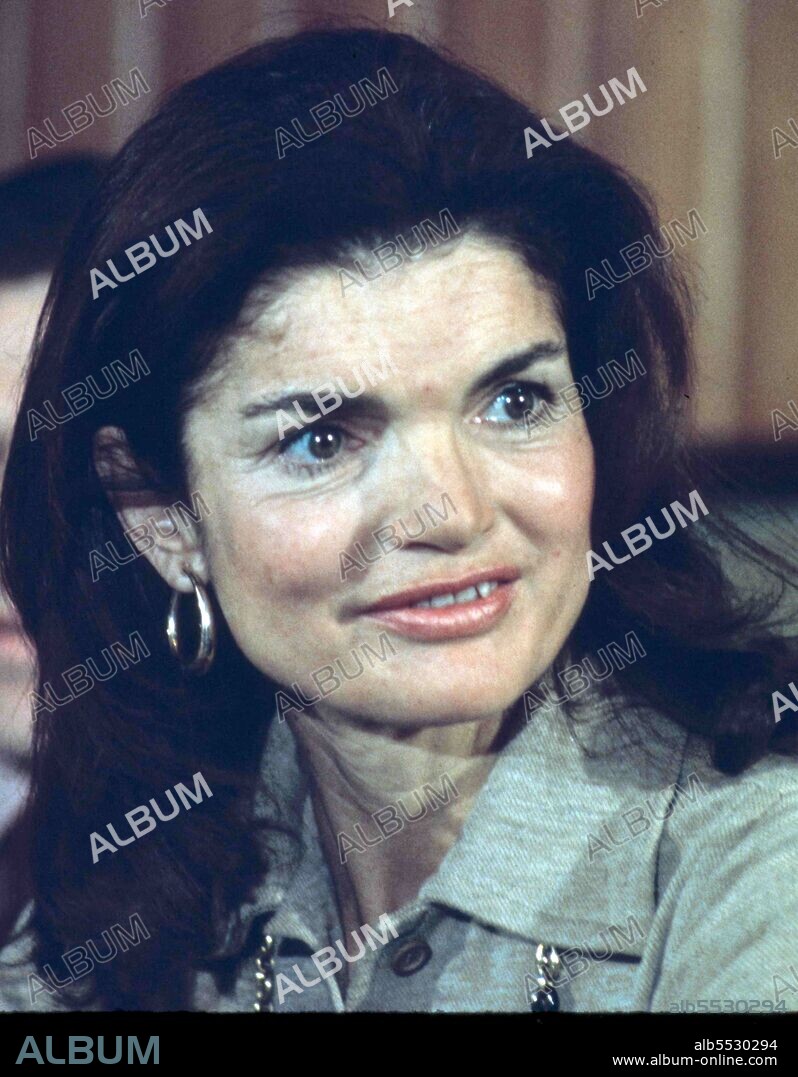 1971 photograph of Jacqueline 'Jackie' Kennedy Onassis (1929 – 1994) wife of President John F. Kennedy. A popular first lady. After the assassination and funeral of her husband in 1963, Kennedy and her children largely withdrew from public view. In 1968, she married Greek shipping magnate Aristotle Onassis.