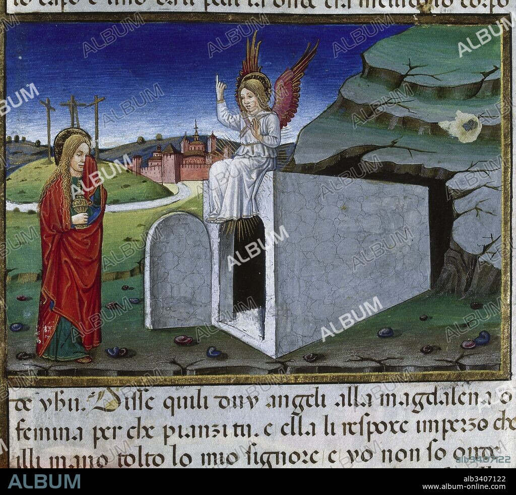 María lleva un ungüento al sepulcro para ungir el cuerpo de Jesús. Página miniada del Códice de Predis. Renacimiento-Quattrocento (siglo XV). Biblioteca Real. Turín. Italia.