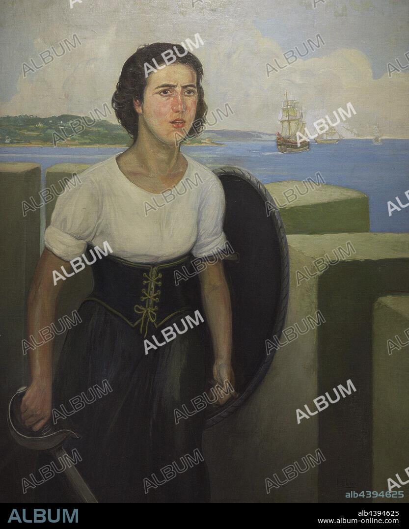 FRANCISCO LLORENS DÍAZ. María Pita (María Mayor Fernández de Cámara y Pita) (1565-1643). Spanish heroine. King Philip II awarded her the rank of ensign for the defense of Corunna in 1589 against the attack of the English Armada commanded by Francis Drake. Portrait by Francisco Llorens Díaz (1874-1948), 1944. María Pita House Museum. Corunna, Galicia, Spain.