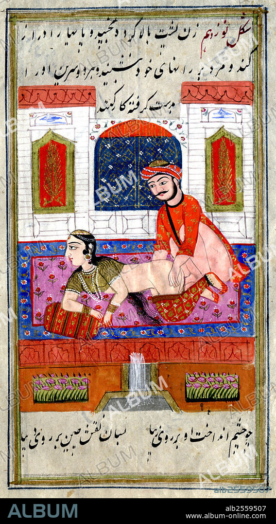 'The Pleasures of women' from erotic Indian story from the persian Qutb Shahi dynasty, c.1780 (miniature) Lifestyle. Mores. Sexual position. Illustration in: Lazzat Un Niza (Delights of Woman) erotic Indian story from the persian Qutb Shahi dynasty. Miniature from a manuscript, India, ca 1780.