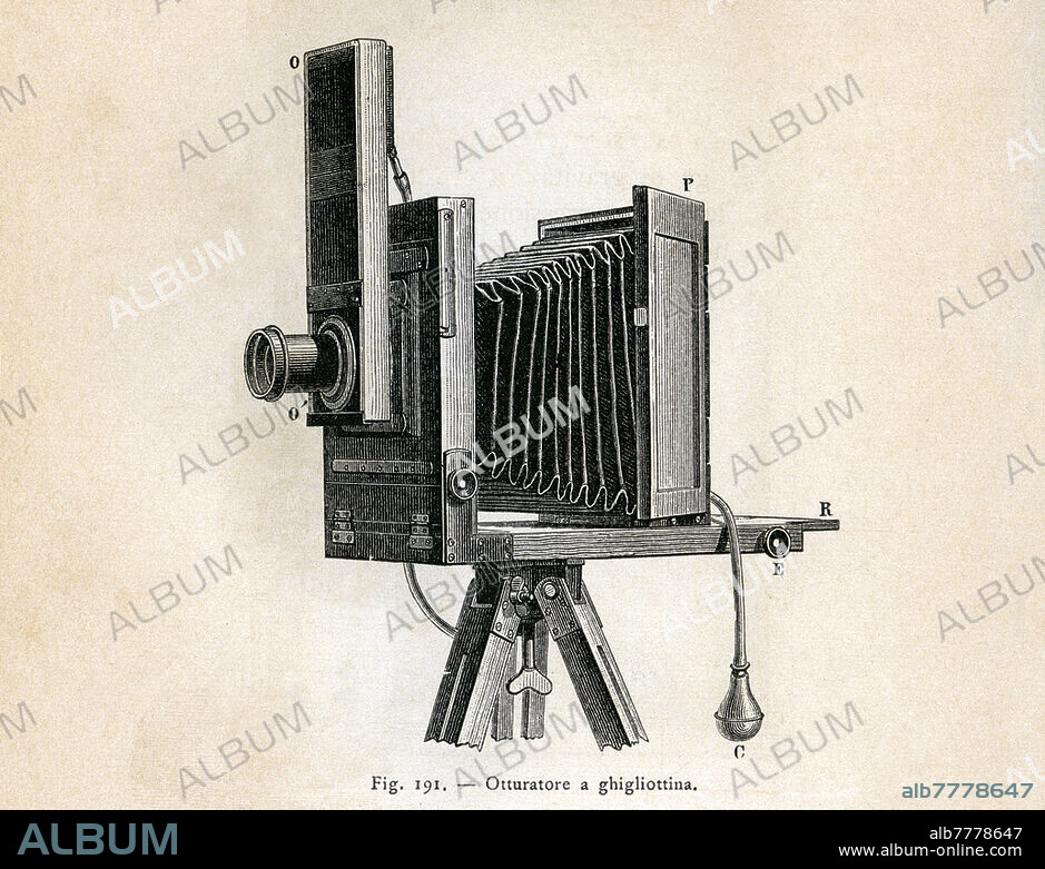 HISTORY OF PHOTOGRAPHY guillotine shutter, or "Davanne", in use on a bellows camera. Illustration from a photography manual written by Count Luigi Gioppi of Türkheim (1858 - 1930), doctor of law, knight of the Crown of Italy, co-founder and director of the magazine "Il Dilettante di Fotografia - Illustrated popular newspaper", authoritative compiler of manuals technical informative of photography and essays from other disciplines, as well as holder of public administrative positions. The work is dedicated to the Prince of Naples, future King Vittorio Emanuele III, illustrious "Dilettante di Fotografia". Ulrico Hoepli Edition, Publisher-Bookshop of Real Casa, Milan 1891.