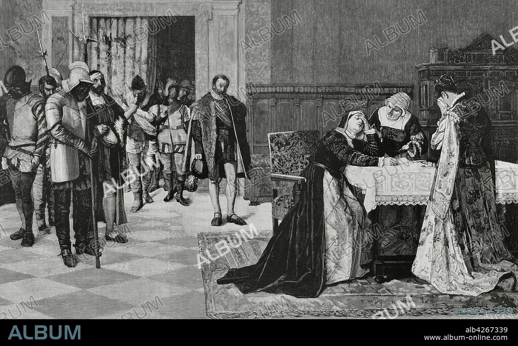 María López de Mendoza y Pacheco (1497-1531), conocida por María Pacheco. Noble castellana, esposa del comunero Juan Padilla. Tras la muerte de su marido, asumió el mando de la sublevación de las Comunidades de Castilla. María Pacheco después de la Batalla de Villalar. Grabado por Tomás Carlos Capuz (1834-1899) a partir de un cuadro de Vicente Borrás. La Ilustración Española y Americana,22 de noviembre de 1881.