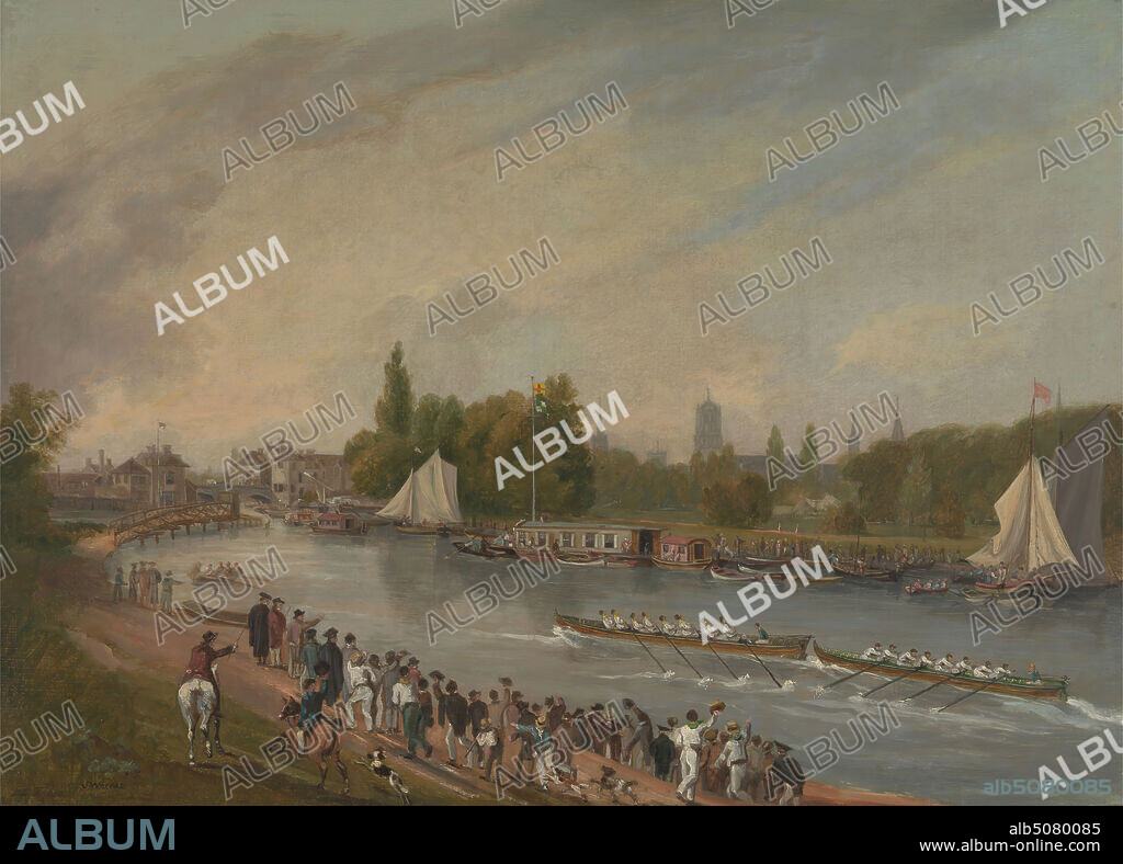 A Boat Race on the River Isis, Oxford, John Whessell, 1760ca. 1823, British, after John Thomas Serres, 17591825, British, 1822, Oil on canvas, Support (PTG): 16 x 22 1/4 inches (40.6 x 56.5 cm), animals, boat, bridges (built works), canoe, dock, dogs (animals), flags, horses (animals), landscape, oars, race (event), river, sailboats, seascape, spectators, team, Christ Church College, England, Folly Bridge, Isis, Oxford, Oxfordshire, Thames, United Kingdom, University of Oxford.
