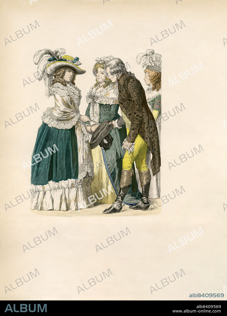 Fashionable German Man and Three Women, Germany, 1787, Illustration, The History of Costume, Braun & Schneider, Munich, Germany, 1861-1880.