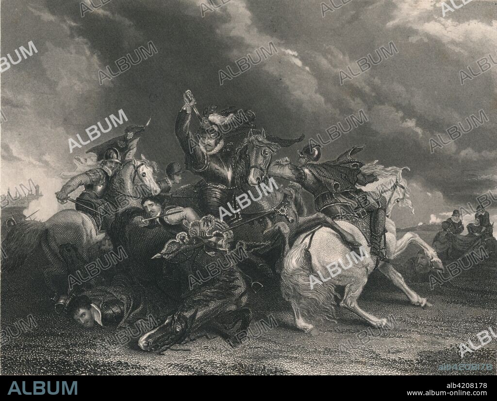 'Sir William Russell at the Battle of Zutphen', 1586, (c1830s). The Battle of Zutphen took place on 22 September 1586, near the village of Warnsveld and the town of Zutphen in Holland, (the Netherlands). It was fought by the forces of the United Provinces of the Netherlands, aided by the English, against the Spanish. English nobleman William Russell, 1st Baron Russell of Thornhaugh (died 1613), is possibly the figure with raised arm. Sir Philip Sidney was shot in the thigh during the battle and died of his wounds. [John Tallis & Company, London & New York].