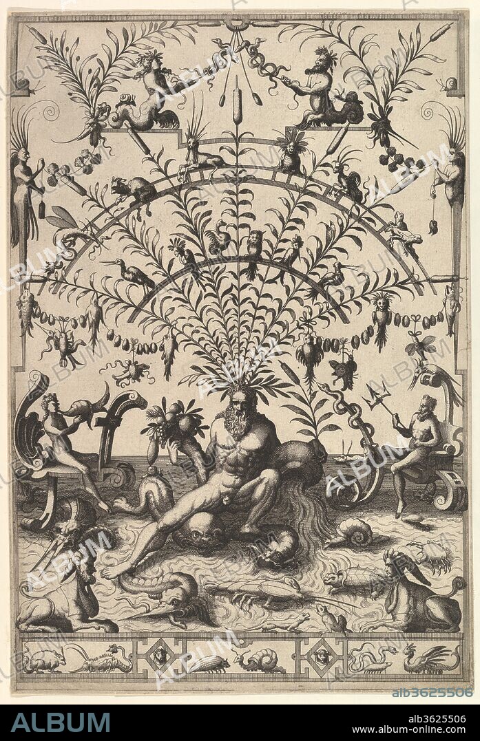 Modern Grotesque Decoration with a River God. Artist: Johannes van Doetecum the elder (Netherlandish, active 1554-ca. 1600, died 1605); Lucas van Doetecum (Netherlandish, active 1554-72, died before 1589); after Cornelis Floris II (Netherlandish, Antwerp before 1514-1575 Antwerp). Dimensions: Sheet: 12 1/16 x 8 1/8 in. (30.7 x 20.7 cm). Publisher: Hieronymus Cock (Netherlandish, Antwerp ca. 1510-1570 Antwerp). Date: 1557.