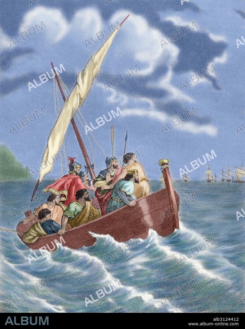 BORRELL II (h. 915-992). Conde de Barcelona-Girona-Ausona (947-992) y de Urgell (948-992). "FUGA DE BARCELONA DEL CONDE BORRELL TRAS EL SAQUEO E INCENDIO DE LA CIUDAD POR ALMANZOR" (985). Grabado de "Historia de España", del siglo XIX. Coloreado.