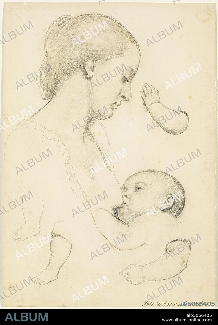 Infant's Repast, Study of a Mother and Child with separate Arm and Leg Studies of the Child, 1848 Ford Madox Brown, Art Movement, Pre-Raphaelite, Drawing, Pencil, Chalk, Sketch, Baby, Child, Mother, Study.